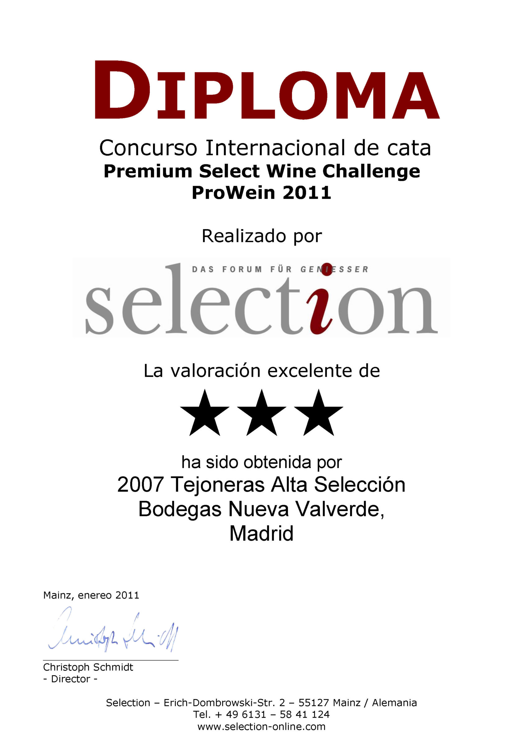ProWein 2011. Certificado de Excelencia. Tejoneras 2007.