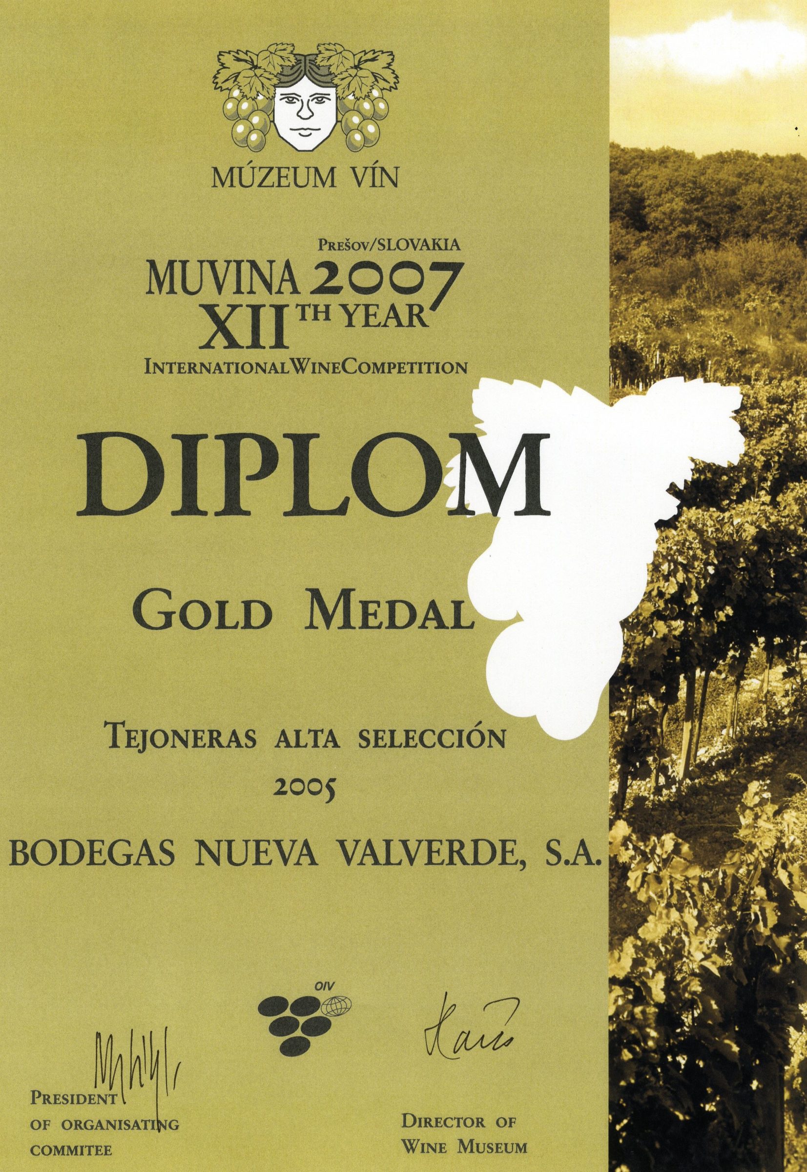 Muvina XII International Wine Competition 2007. Oro. Tejoneras 2005.
