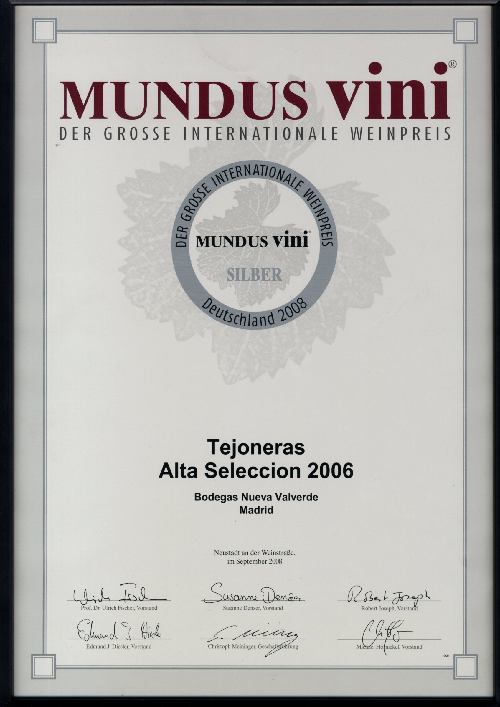Mundus Vini 2008, Alemania. Plata. Tejoneras 2006.